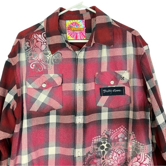 Britney Spears Flannel Shirt Unisex Large Red Plaid Button Down Handmade Upcycle - Picture 3 of 13
